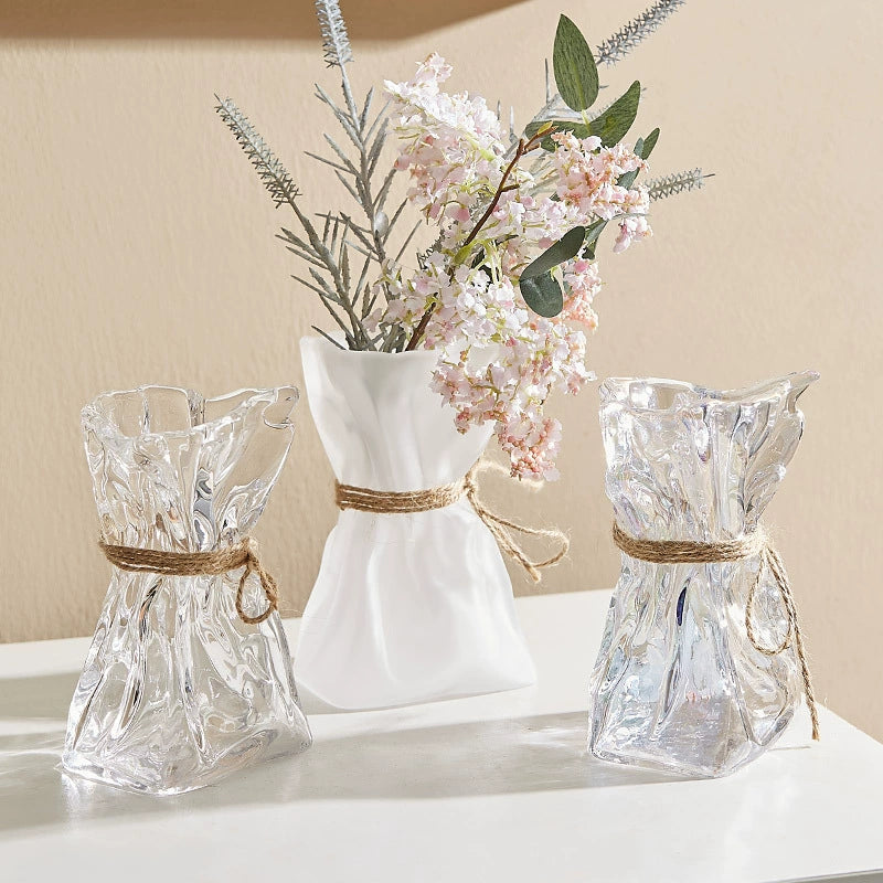 Wrinkled Glass Vase with Twine – Holographic / Frosted / Clear Finish